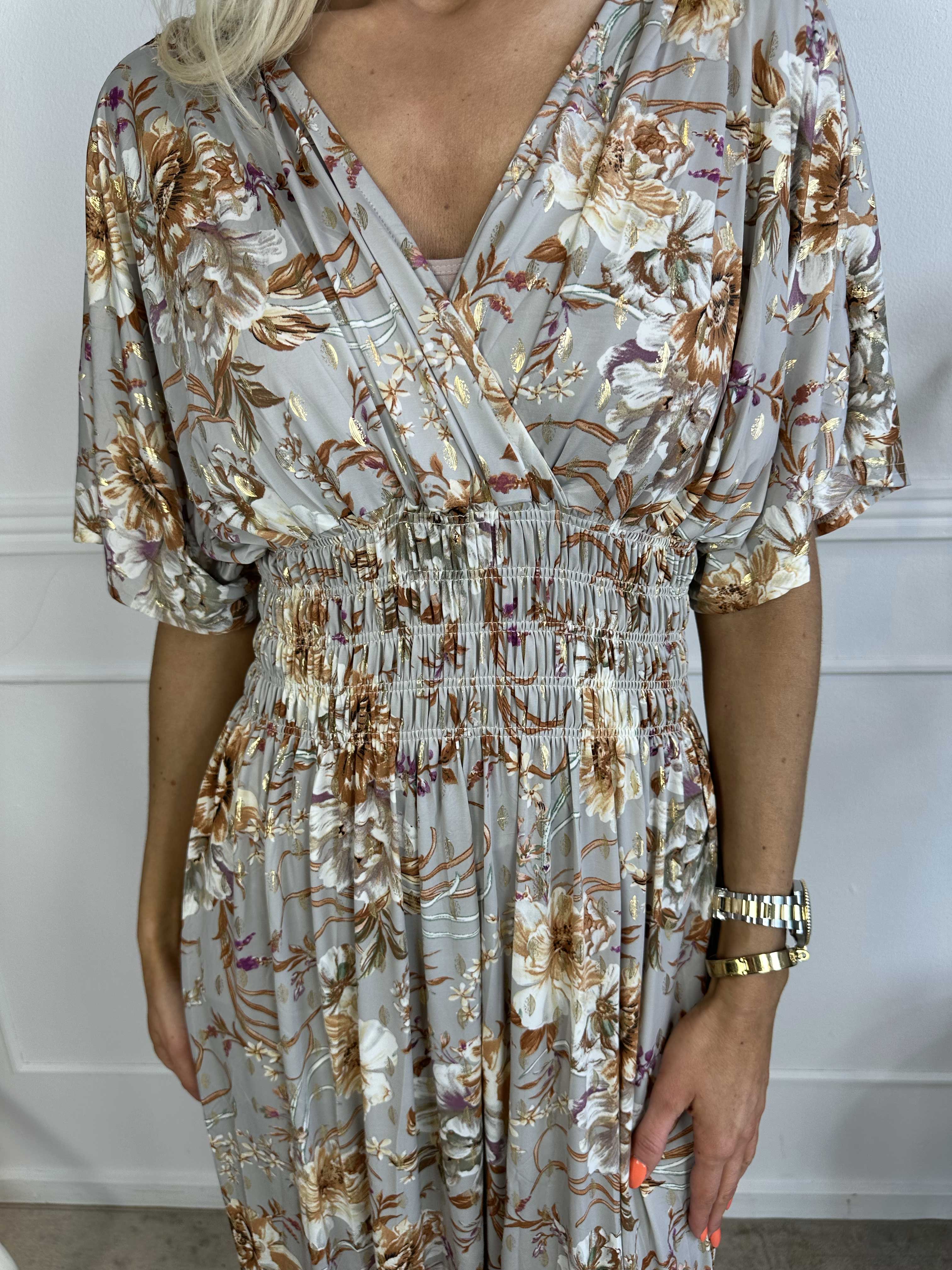 Pams Gold Flower - Lång klänning med resår i skrynkelfritt tyg